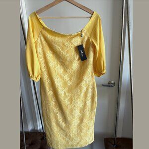 Reina Diaz off-the-shoulder yellow midi dress - NWT (new with tags); size Large